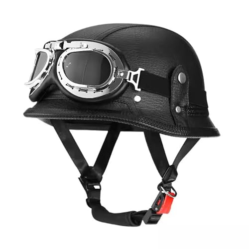 VVPEC Vintage Deutsch Leder Motorrad Halbhelm, ECEDOT geprüft Männer Frauen Halbschalenhelme mit Schutzbrille, Retro Offener Schutzhelm für Fahrrad Cruiser Scooter Chopper(12,M=57~58cm) von VVPEC