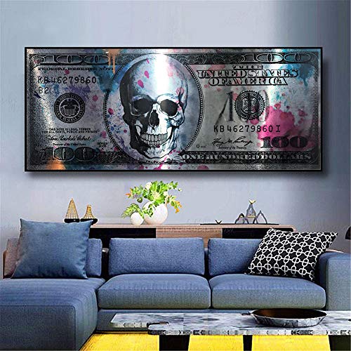 VVSUN Dollar Schädel Moderne Kunst Leinwand Poster und druckt kreatives Geld 100 Dollar Bild Halloween Wanddekoration Gemälde für Wohnzimmer 50x120cm Rahmenlos von VVSUN