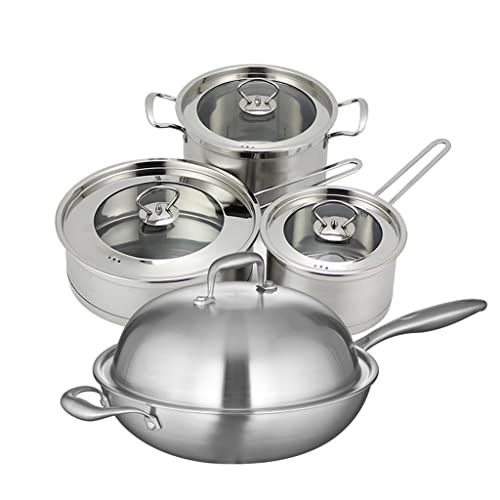 Kochgeschirr-Set Kombination Edelstahl Wok Suppentopf Milchtopf Bratpfanne Geschenkset Topf des Haushalts (Farbe: Silber, Größe: 4 Töpfe Set) (Silber 4 Töpfe Set) von VVVGIFGJIEGHGJH