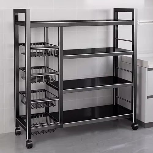 VVVineanie 4 Mesh-Körben und 4 Schichten Metalllagerregal，Verstellbarer Höhe von 5 Zentimetern und Ausgestattet Mit Rollen ，Geeignet für Küchen (schwarz, 48x12.6x53in/120x32x135cm) von VVVineanie