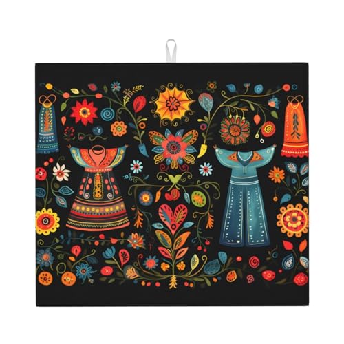 Abtropfmatte für Küche, VVXBHGR Folk Dress Drucke, ultra-saugfähig, wendbar und stilvoll, Küchen-Arbeitsplattenmatte von VVXBHGR