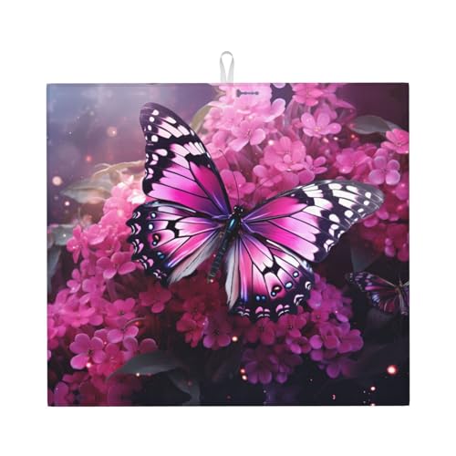 Abtropfmatte für Küche VVXBHGR Rosa Blume Lila Schmetterling Drucke Ultra saugfähig, wendbar und stilvoll Küche Arbeitsplatte Matte von VVXBHGR
