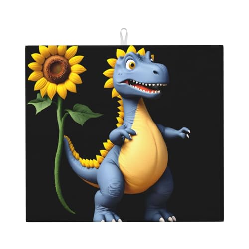 Abtropfmatte für Küche VVXBHGR Sonnenblumen-Dinosaurier-Drucke, ultra-saugfähig, wendbar und stilvolle Küchenarbeitsplattenmatte von VVXBHGR