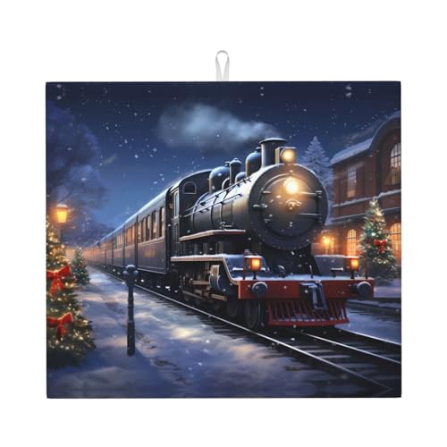 Abtropfmatte für Küche VVXBHGR Winter Weihnachten Schnee Nacht Eisenbahn Zug Drucke ultra saugfähig, wendbar und stilvoll Küche Arbeitsplatte Matte von VVXBHGR