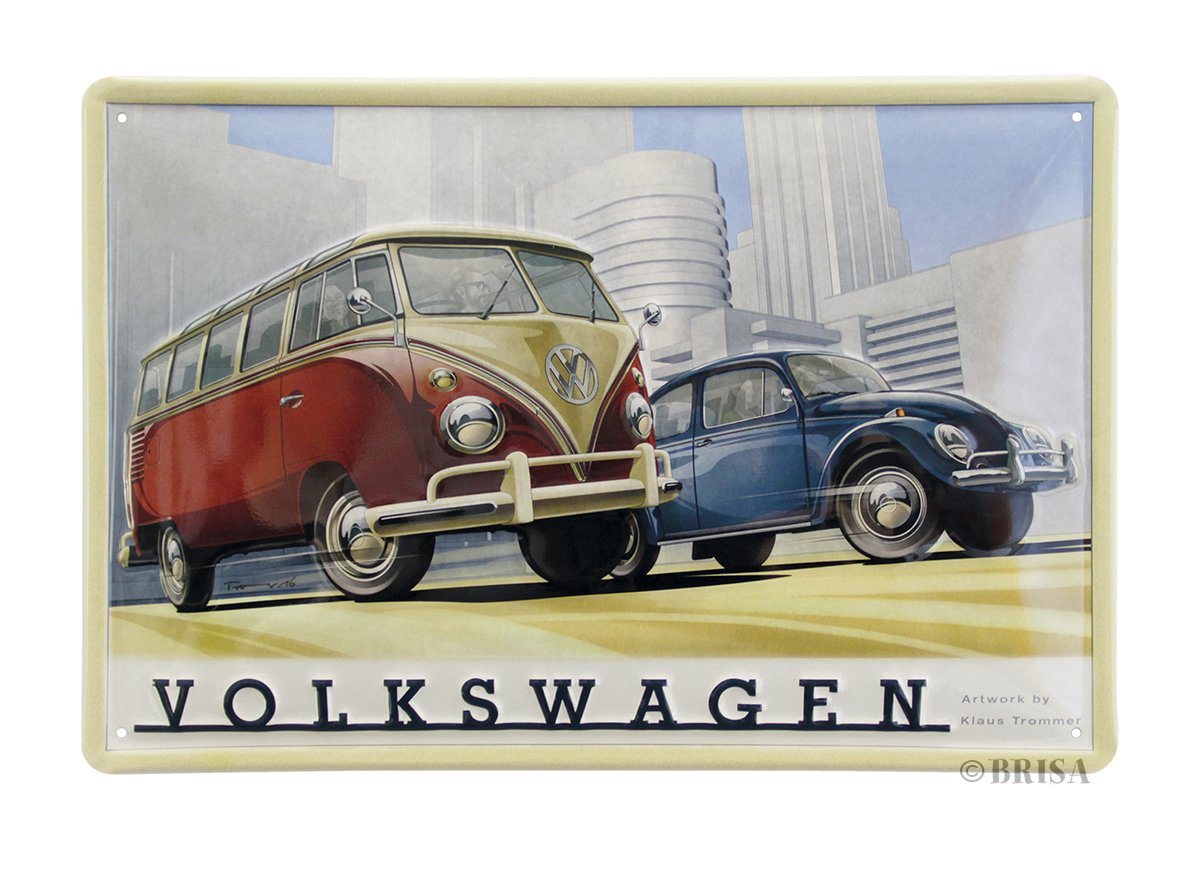 VW Collection by BRISA Metallschild Volkswagen Retro-Blech-Schild-Vintage-Dekoration, (Made in Germany, 1 Stück), Geschenk-Idee aus Metall im T1 Bus & Käfer Design, 30x20 cm von VW Collection by BRISA