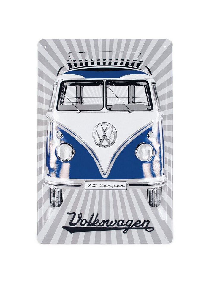 VW Collection by BRISA Metallschild Volkswagen Retro-Blech-Schild-Vintage-Dekoration, (Made in Germany, 1 Stück), Geschenk-Idee aus Metall im blauen T1 Bus Design, 20x30 cm von VW Collection by BRISA