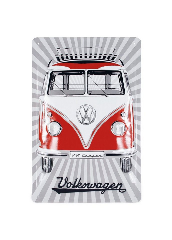 VW Collection by BRISA Metallschild Volkswagen Retro-Blech-Schild-Vintage-Dekoration, (Made in Germany, 1 Stück), Geschenk-Idee aus Metall im roten T1 Bus Design, 30x20 cm von VW Collection by BRISA