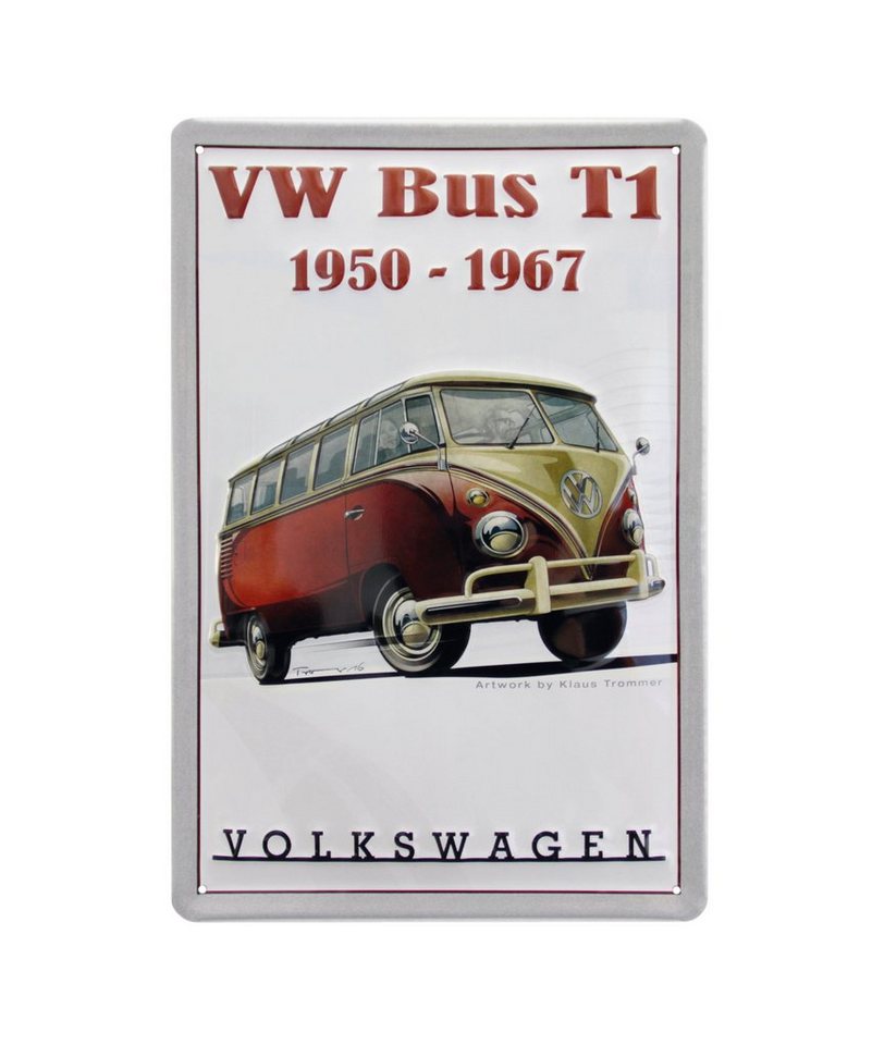 VW Collection by BRISA Metallschild Volkswagen Retro-Blech-Schild-Vintage-Dekoration, (Made in Germany, 1 Stück), Geschenk-Idee aus Metall im roten T1 Samba Bus Design, 20x30 cm von VW Collection by BRISA