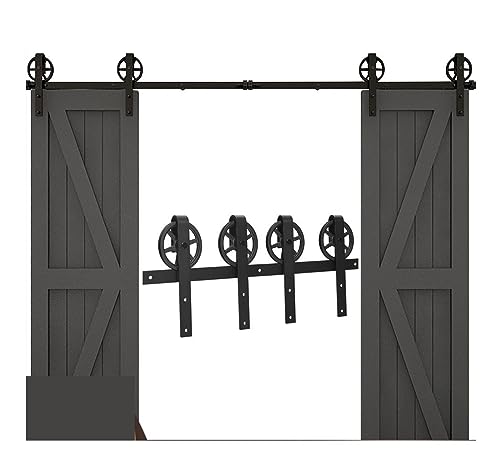 Schiebetürsystem Komplett-Set Schiebe-Scheunentor-Hardware-Set, robust, leichtgängig und leise, einfach zu installieren, Doppeltürpaneel, großes Rad, J-Rollen, schwarz(5.5FT) von VXDEFP