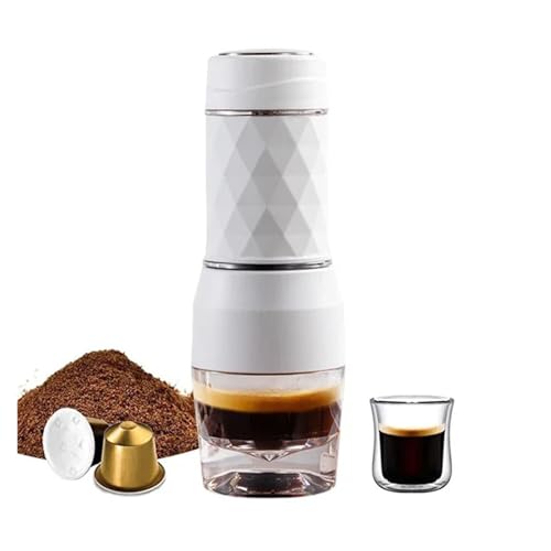 VXDEFP Kaffeemaschinen,Tragbare Kaffeemaschine, 3 in 1 Heiß-/Kalt-Tragbare Kaffeemaschine Manuelle Espressomaschine for Kapseln und gemahlenen Kaffee Handpresse Brewer Home Office Travel(White) von VXDEFP