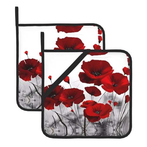 Topflappen-Set – Topflappen mit rotem Mohnblumen-Druck, Ofenhandschuhe, Grill- und Grill-Hotpads, quadratisches Küchenzubehör von VXXNlnn