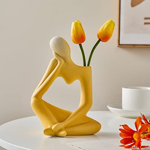 Denker Vase Aesthetic Skulptur Keramik Vasen für Pampasgras, Home Modern Körper Blumenvase Desktop Dekoration Vase, für Deko Wohnzimmer/Büro/Esstisch/Hochzeit Geschenk (19X14X9cm, Aprikosengelb) von VYWQBD