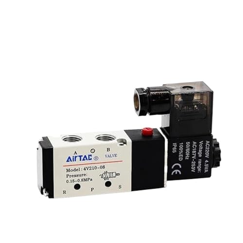 4v210-08 Pneumatisches elektrisches Magnetventil, Wegesteuerung, Luftmagnetventil, DC 12 V, 24 V, 220 V, 4v210(PC8mm fitting,AC220) von VZQLV