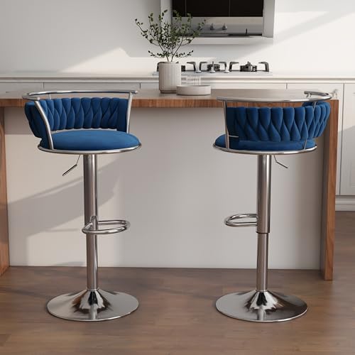 360° drehbare Barhocker aus Samt 2er-Set moderne Barstühle mit verstellbarer Thekenhöhe rosa Barhocker mit niedriger Rückenlehne und Fußstütze for Kücheninsel Bar Pub(Navy Blue,2 pack-silver) von VZXATYOP