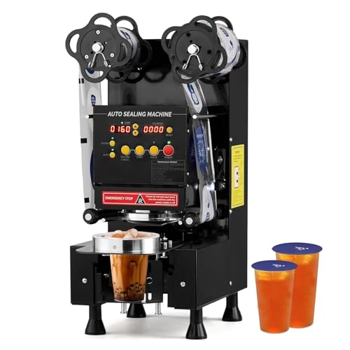 Automatische Becherversiegelungsmaschine for 88–95mm große Becher 500–650 Tassen/h digitale LCD-Steuerung Versiegelt Bubble Tea Kaffee Milchtee Desserts Restaurants Saftbars(Black) von VZXATYOP