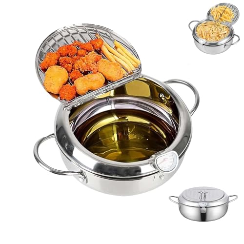 Fritteuse Aus Edelstahl Mit Temperaturanzeige Und Deckel, Frittierpfanne Im Japanischen Stil Mit Korb For Hähnchenpommes Und Kochen In Küche(Silver,24cm/9.4in) von VZXATYOP
