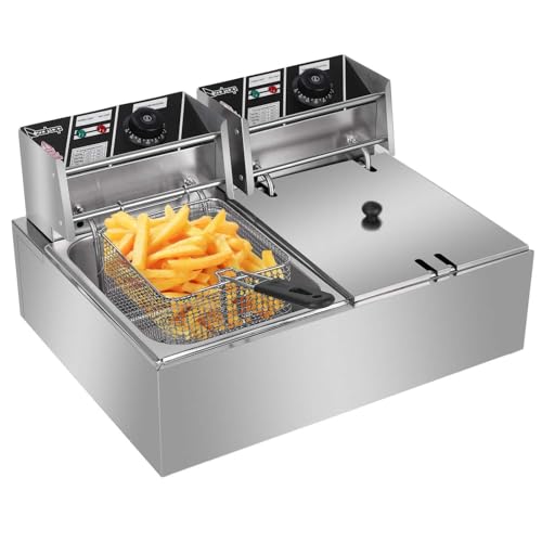 Kommerzielle Fritteuse aus Edelstahl mit Korb elektrischer Frittiertopf mit einstellbarem Thermostat abnehmbarem Öltank und Spritzschutzdeckel for Restaurant zu Hause(5000W 12.7Qt 12L) von VZXATYOP