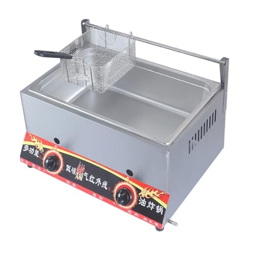 Kommerzielle Gasfritteuse for die Küche zu Hause Restaurants Edelstahl-Arbeitsplatte Propan/LPG-Doppelschlitzfritteuse mit Korb for Pommes Frites Hähnchenflügel Fisch(Large single slot with 1 basket) von VZXATYOP