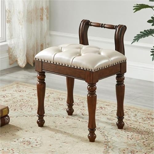 Schminktischhocker mit niedriger Rückenlehne Retro-Schminkhocker Leder mit gepolstertem Kissen Klavierbank geschnitzten Beinen Massivholz for Schminkzimmer Wohnzimmer Schlafzimmer(Dark Brown+white) von VZXATYOP
