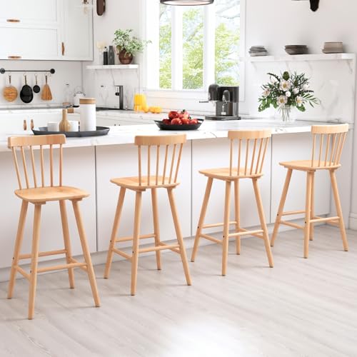 VZXATYOP 26" Farmhouse Barhocker in Schwarz 2er-Set Barhocker in Thekenhöhe aus Holz mit Windsor-Spindelrücken Moderne Barstühle for Kücheninseln im Landhausstil(Natural,4PCS) von VZXATYOP