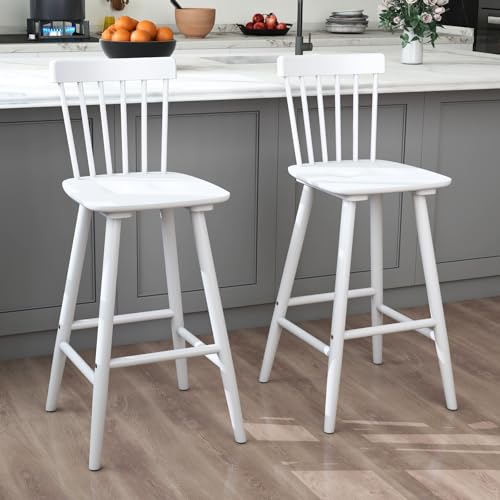 VZXATYOP 26" Farmhouse Barhocker in Schwarz 2er-Set Barhocker in Thekenhöhe aus Holz mit Windsor-Spindelrücken Moderne Barstühle for Kücheninseln im Landhausstil(White,2PCS) von VZXATYOP