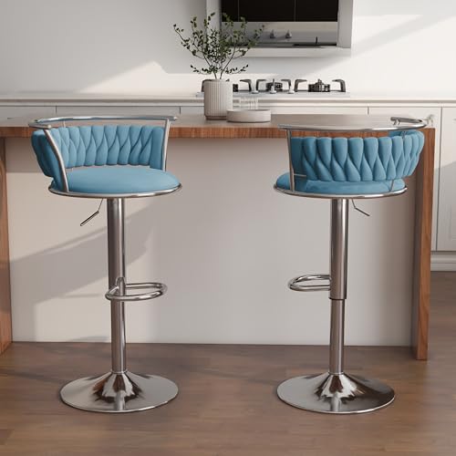 VZXATYOP 360° drehbare Barhocker aus Samt 2er-Set Moderne Barstühle mit Verstellbarer Thekenhöhe rosa Barhocker mit niedriger Rückenlehne und Fußstütze for Kücheninsel Bar Pub(Blue,2 Pack-Silver) von VZXATYOP