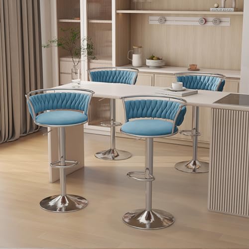 VZXATYOP 360° drehbare Barhocker aus Samt 2er-Set Moderne Barstühle mit Verstellbarer Thekenhöhe rosa Barhocker mit niedriger Rückenlehne und Fußstütze for Kücheninsel Bar Pub(Blue,4 Pack-Silver) von VZXATYOP