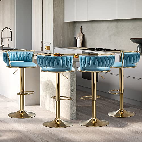 VZXATYOP 360° drehbare Barhocker aus Samt 2er-Set Moderne Barstühle mit Verstellbarer Thekenhöhe rosa Barhocker mit niedriger Rückenlehne und Fußstütze for Kücheninsel Bar Pub(Blue,4 Pack-Gold) von VZXATYOP