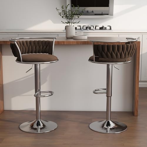 VZXATYOP 360° drehbare Barhocker aus Samt 2er-Set Moderne Barstühle mit Verstellbarer Thekenhöhe rosa Barhocker mit niedriger Rückenlehne und Fußstütze for Kücheninsel Bar Pub(Coffee,2 Pack-Silver) von VZXATYOP