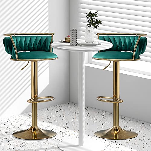 VZXATYOP 360° drehbare Barhocker aus Samt 2er-Set Moderne Barstühle mit Verstellbarer Thekenhöhe rosa Barhocker mit niedriger Rückenlehne und Fußstütze for Kücheninsel Bar Pub(Dark Green,2 Pack-Gold) von VZXATYOP