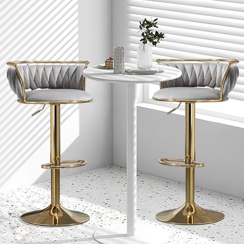 VZXATYOP 360° drehbare Barhocker aus Samt 2er-Set Moderne Barstühle mit Verstellbarer Thekenhöhe rosa Barhocker mit niedriger Rückenlehne und Fußstütze for Kücheninsel Bar Pub(Grey,2 Pack-Gold) von VZXATYOP