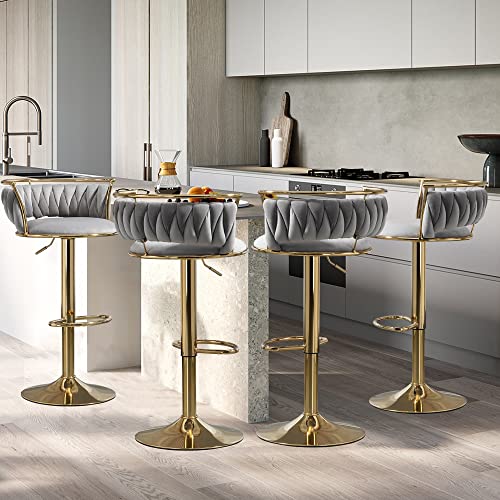 VZXATYOP 360° drehbare Barhocker aus Samt 2er-Set Moderne Barstühle mit Verstellbarer Thekenhöhe rosa Barhocker mit niedriger Rückenlehne und Fußstütze for Kücheninsel Bar Pub(Grey,4 Pack-Gold) von VZXATYOP