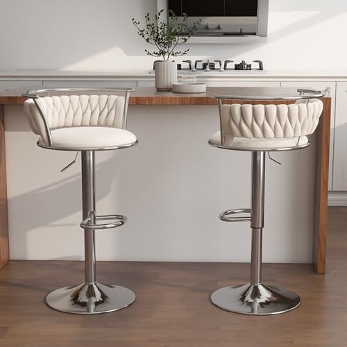 VZXATYOP 360° drehbare Barhocker aus Samt 2er-Set Moderne Barstühle mit Verstellbarer Thekenhöhe rosa Barhocker mit niedriger Rückenlehne und Fußstütze for Kücheninsel Bar Pub(Ivory,2 Pack-Silver) von VZXATYOP