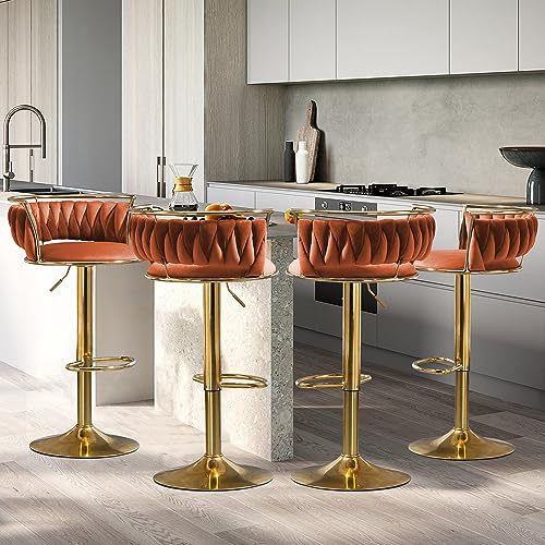 VZXATYOP 360° drehbare Barhocker aus Samt 2er-Set Moderne Barstühle mit Verstellbarer Thekenhöhe rosa Barhocker mit niedriger Rückenlehne und Fußstütze for Kücheninsel Bar Pub(Orange,4 Pack-Gold) von VZXATYOP