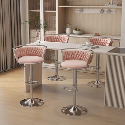 VZXATYOP 360° drehbare Barhocker aus Samt 2er-Set Moderne Barstühle mit Verstellbarer Thekenhöhe rosa Barhocker mit niedriger Rückenlehne und Fußstütze for Kücheninsel Bar Pub(Pink,4 Pack-Silver) von VZXATYOP
