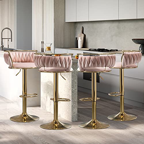 VZXATYOP 360° drehbare Barhocker aus Samt 2er-Set Moderne Barstühle mit Verstellbarer Thekenhöhe rosa Barhocker mit niedriger Rückenlehne und Fußstütze for Kücheninsel Bar Pub(Pink,4 Pack-Gold) von VZXATYOP