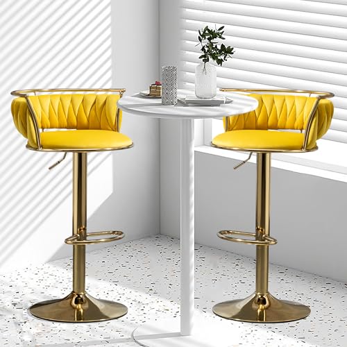 VZXATYOP 360° drehbare Barhocker aus Samt 2er-Set Moderne Barstühle mit Verstellbarer Thekenhöhe rosa Barhocker mit niedriger Rückenlehne und Fußstütze for Kücheninsel Bar Pub(Yellow,2 Pack-Gold) von VZXATYOP