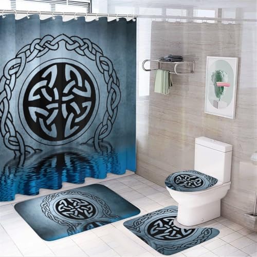 VZXATYOP 4Stück Wikinger Runen Duschvorhang-Sets mit Anti-Rutsch Teppichen, Toilettendeckel und U-förmige Matte, Norse Vintage Wasserdicht Duschvorhangsets mit 12 Haken (Color : A9, Size : 1) von VZXATYOP