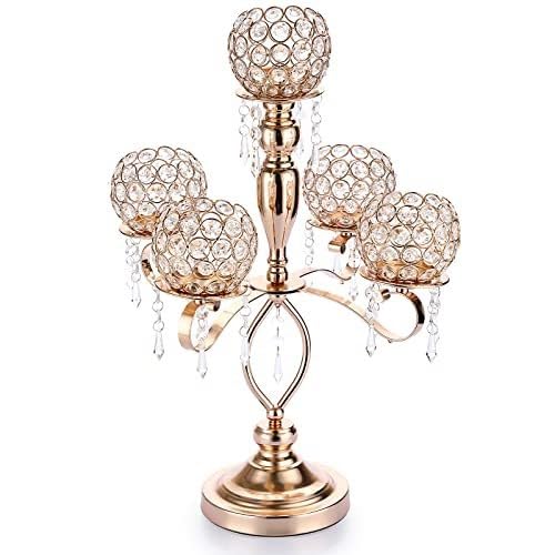 VZXATYOP 5-Armiger Hoher Kristallkandelaber – Eleganter Tischschmuck for Hochzeiten Weihnachten Und Partys Mit Passenden Kerzenhaltern(Gold,1pcs) von VZXATYOP