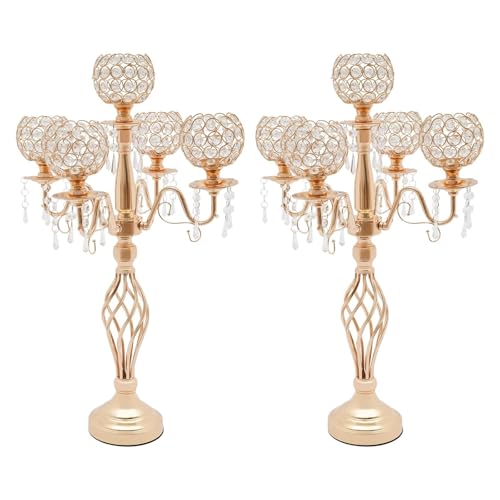 VZXATYOP 5-Armiger Hoher Kristallkandelaber – Eleganter Tischschmuck for Hochzeiten Weihnachten Und Partys Mit Passenden Kerzenhaltern(Gold,2pcs) von VZXATYOP