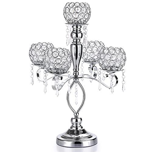 VZXATYOP 5-Armiger Hoher Kristallkandelaber – Eleganter Tischschmuck for Hochzeiten Weihnachten Und Partys Mit Passenden Kerzenhaltern(Sliver,1pcs) von VZXATYOP