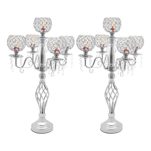 VZXATYOP 5-Armiger Hoher Kristallkandelaber – Eleganter Tischschmuck for Hochzeiten Weihnachten Und Partys Mit Passenden Kerzenhaltern(Sliver,2pcs) von VZXATYOP