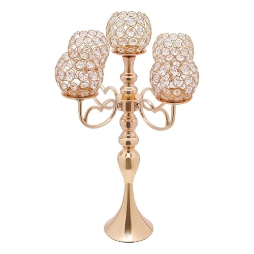 VZXATYOP 5Köpfe Kristallmetall-Kerzenhalter Mittelstücke Hochzeitskerzenständer Hoher Kandelaber Tischdekoration for Home Hotel Weddind Birthday Party(2pcs 5heads 21.5in Gold) von VZXATYOP