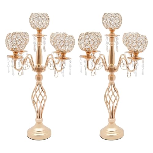 VZXATYOP 5Köpfe Kristallmetall-Kerzenhalter Mittelstücke Hochzeitskerzenständer Hoher Kandelaber Tischdekoration for Home Hotel Weddind Birthday Party(2pcs 5heads 27in Gold) von VZXATYOP