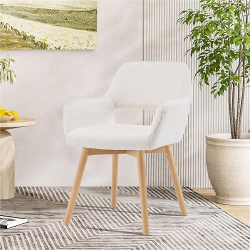 VZXATYOP Bequemer Schminkstuhl mit Akzent for Wohnzimmer Esszimmer Schlafzimmer Home Office moderner gepolsterter Sessel Sofa Schreibtischstuhl mit Holzbeinen(Wool White,1) von VZXATYOP
