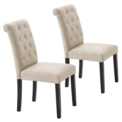 VZXATYOP Gepolstertes Esszimmerstuhl-Set hohe Rückenlehne Stoff getuftete Küchenstühle mit Holzbeinen Mid-Century Modern Stuhl for Esszimmer Küche Wohnzimmer(Beige,2) von VZXATYOP