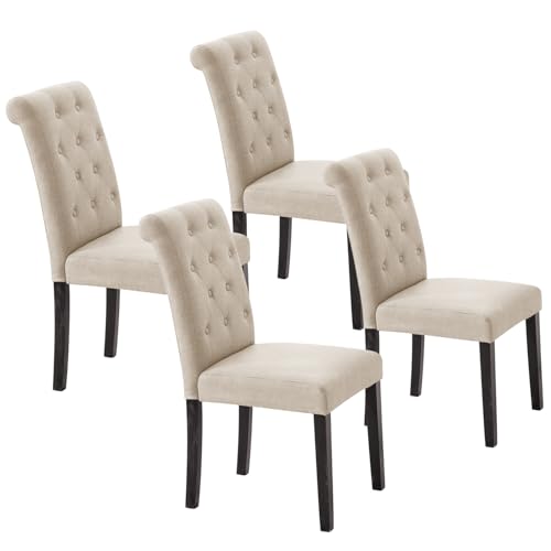 VZXATYOP Gepolstertes Esszimmerstuhl-Set hohe Rückenlehne Stoff getuftete Küchenstühle mit Holzbeinen Mid-Century Modern Stuhl for Esszimmer Küche Wohnzimmer(Beige,4) von VZXATYOP