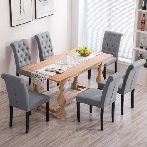VZXATYOP Gepolstertes Esszimmerstuhl-Set hohe Rückenlehne Stoff getuftete Küchenstühle mit Holzbeinen Mid-Century Modern Stuhl for Esszimmer Küche Wohnzimmer(Grey,6) von VZXATYOP