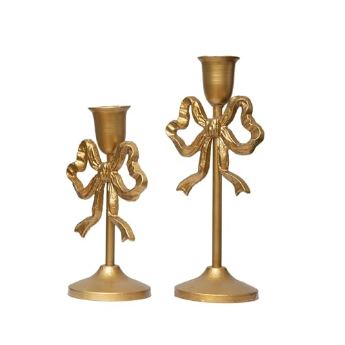 VZXATYOP Kegelkerzenhalter Aus Eisen Mit Schleife Und Knoten Säulenkerzenhalter Dekorativer Kerzenständer for Inneneinrichtung Hochzeit Abendessen Party(Gold-s+Gold-l(2 Pcs)) von VZXATYOP