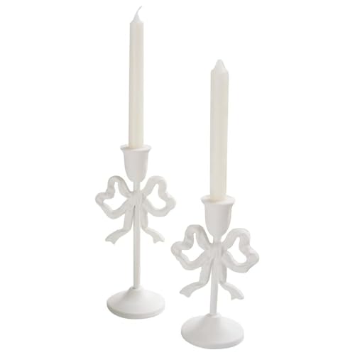 VZXATYOP Kegelkerzenhalter Aus Eisen Mit Schleife Und Knoten Säulenkerzenhalter Dekorativer Kerzenständer for Inneneinrichtung Hochzeit Abendessen Party(White-s+White-l(2 Pcs)) von VZXATYOP